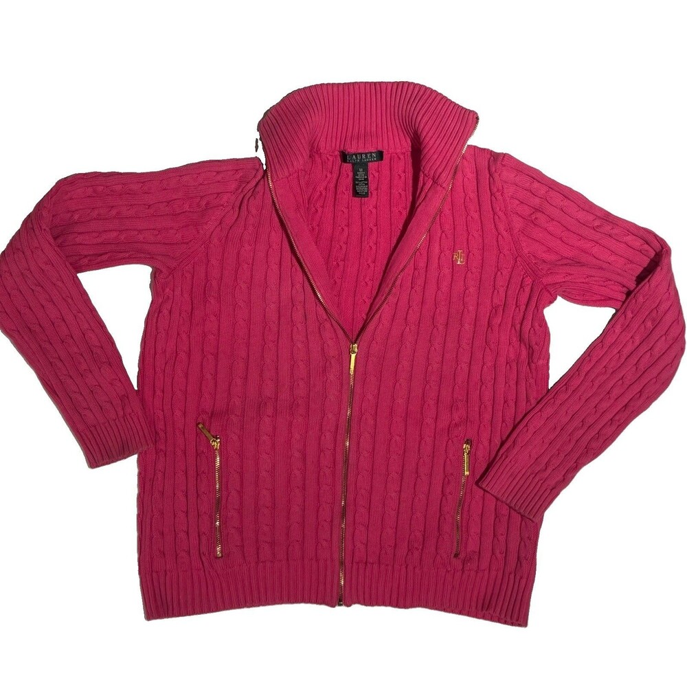 VTG Lauren Ralph Lauren Cable Knit Hot Pink Full Zip Cardigan Jacket Cotton M